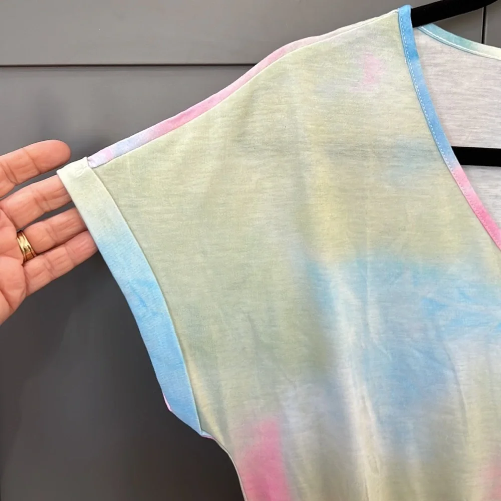 NWOT Pink/Green/BlueTie DyeRomper w/ Elastic Waistband,Pockets&KeyholeBack - Picture 3 of 7